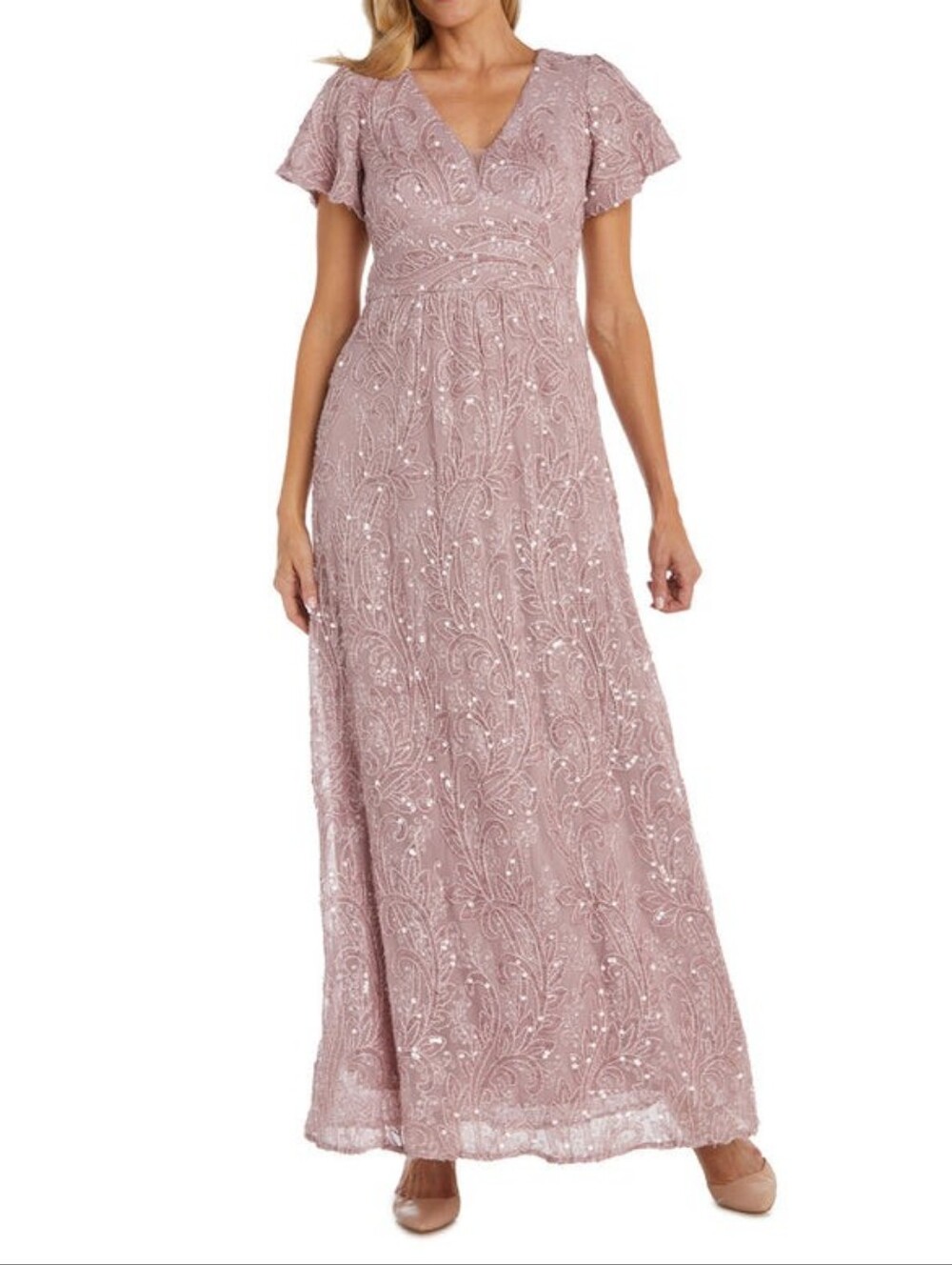 Sz 16W R&M Richards 1041 Sequined Flutter-Sleeve Plunge Gown in Rose (Mauve)